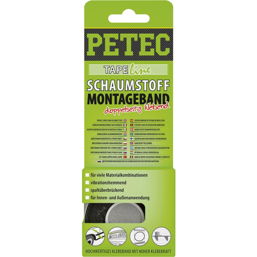 Petec 87122 Schaumstoff-Montageband schwarz 2 m x 12 mm x 1 mm
